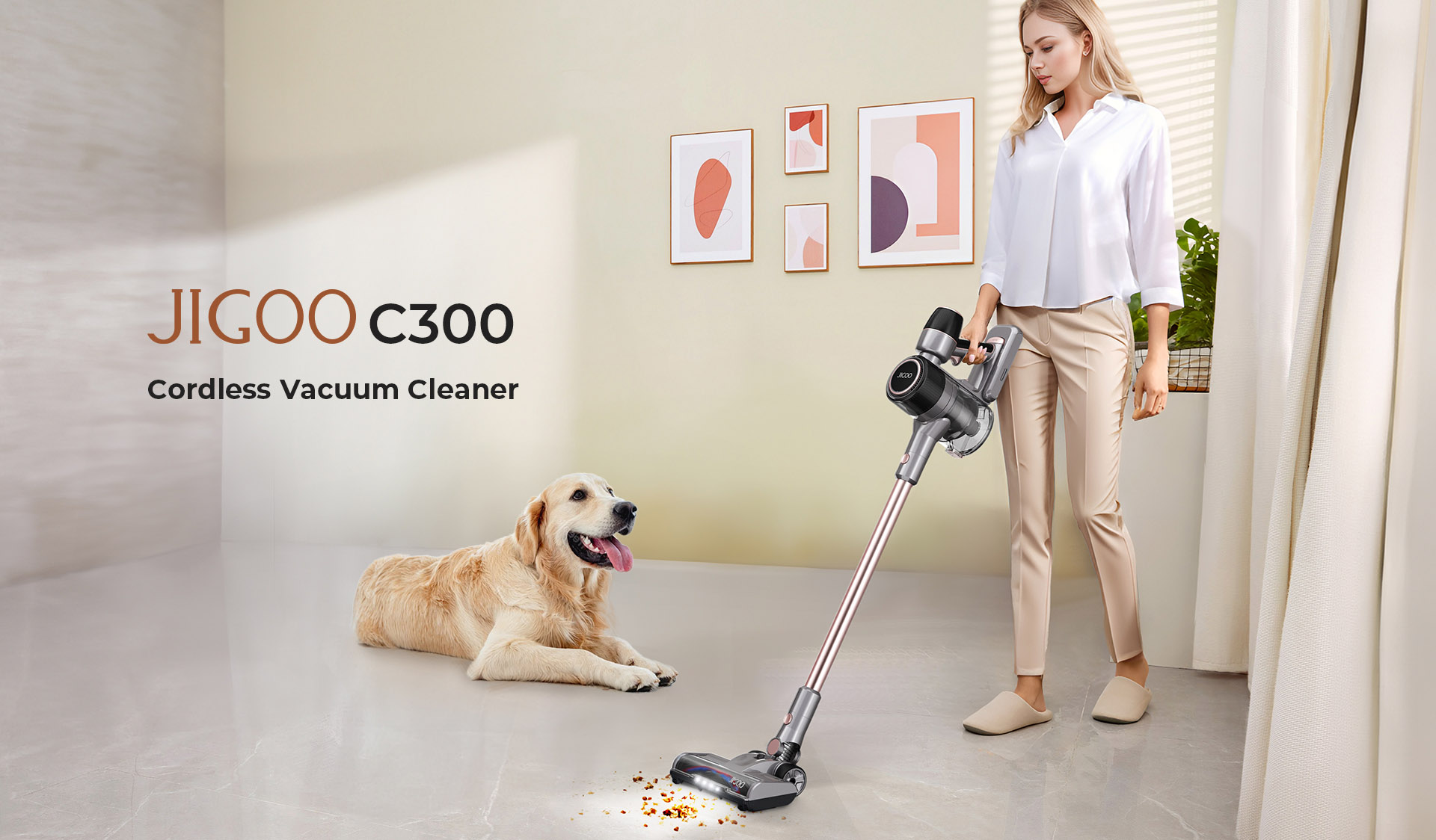 JIGOO C300 Cordless Vacuum Cleaner, 30KPa Suction, 400W Motor, 1.2L Dust Cup, 5-Stage Filtration, Up to 45 Mins Runtime, 2000mAh Removable Battery, LED Touch Screen, Rotatable Metal Tube