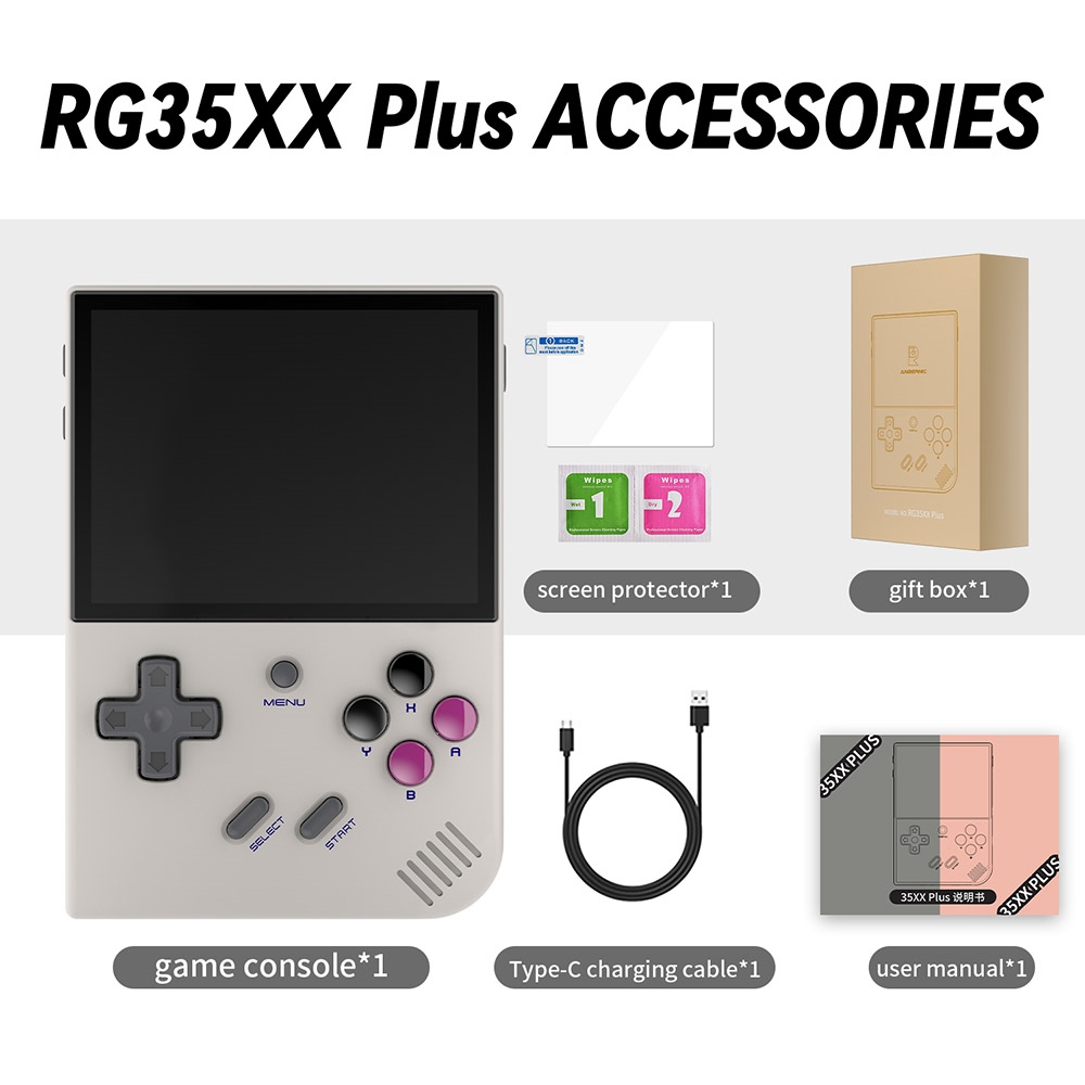ANBERNIC RG35XX Plus Game Console, 64GB+128GB TF Card with 10000+ Games, 3300mAh Battery, 8Hours of Playtime, 5G WiFi Bluetooth, Moonlight Streaming, Vibration Motor - Grey
