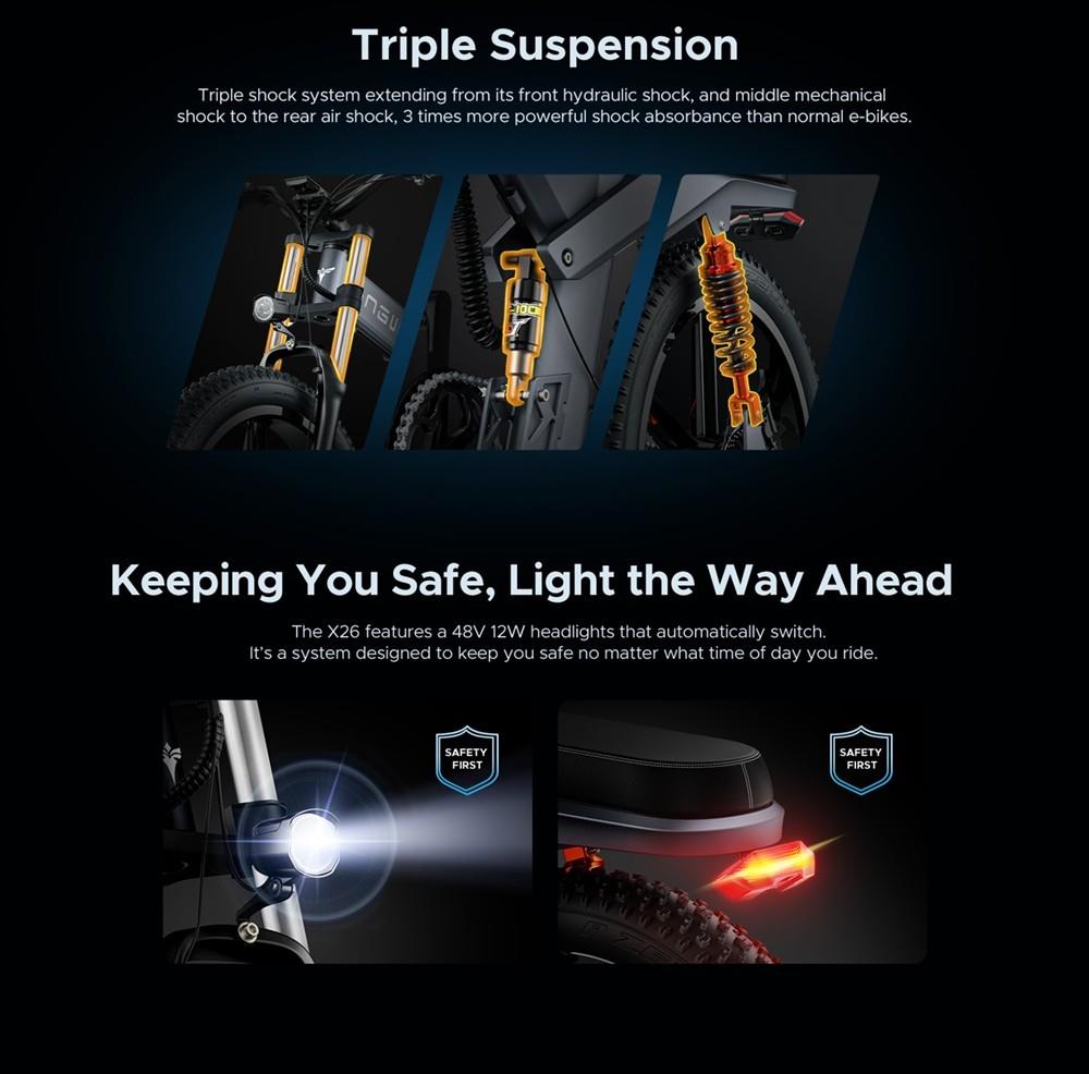 ENGWE X26 Electric Bike 26*4.0 inch Fat Tires 50km/h Max Speed 48V 1000W Motor 19.2Ah&10Ah Dual Battery 100km Range 150kg Max Load Triple Suspension System Shimano 8-Speed Gear Dual Hydraulic Disc Brake for All-Terrain Roads Mountain E-Bike - Black