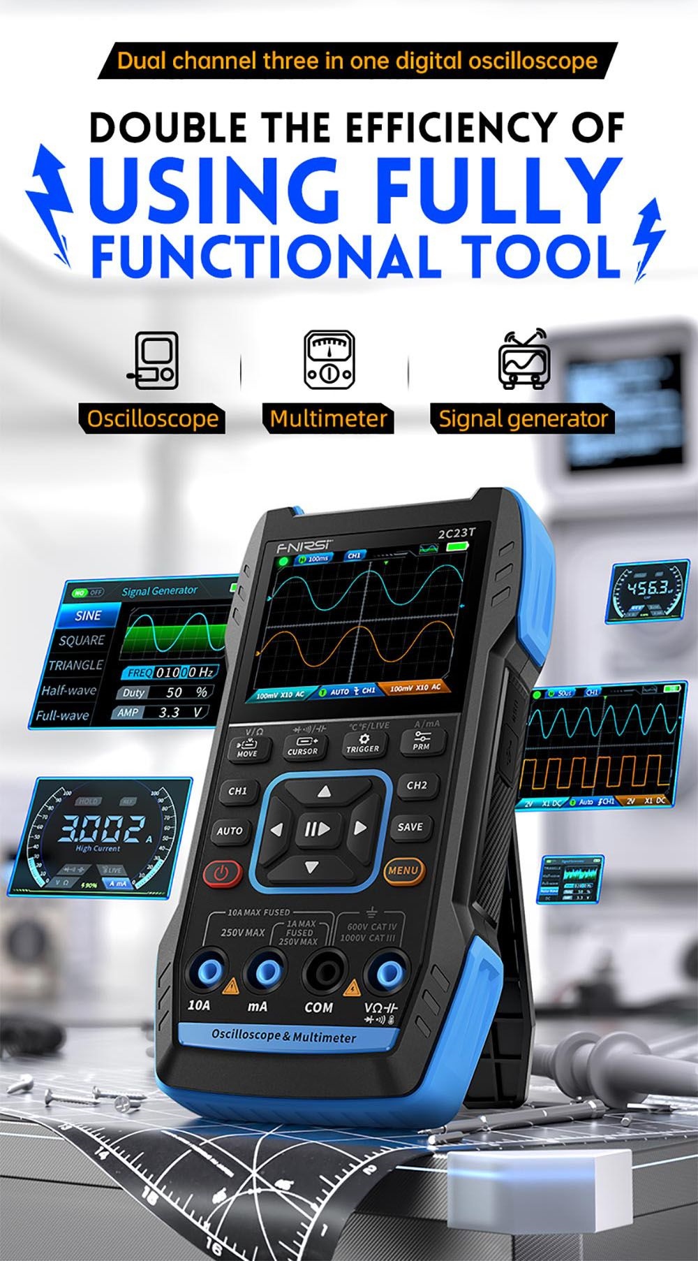 FNIRSI 2C23T 3 in 1 Digital Oscilloscope Multimeter Signal Generator + P6100 Probe, 2 Channels, 10MHz Bandwidth, 50MSa/s Sampling Rate, 9999 Counts