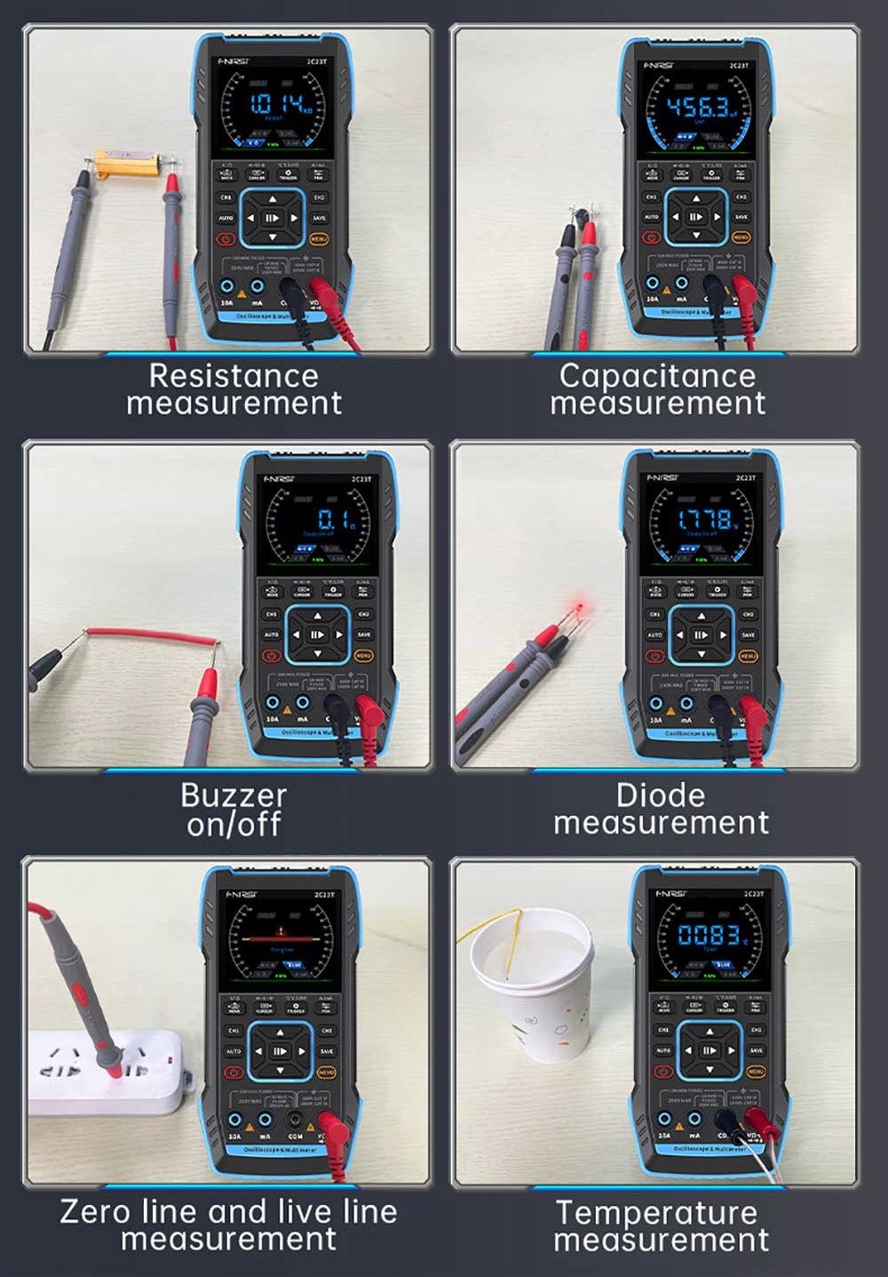 FNIRSI 2C23T 3 in 1 Digital Oscilloscope Multimeter Signal Generator + P6100 Probe, 2 Channels, 10MHz Bandwidth, 50MSa/s Sampling Rate, 9999 Counts