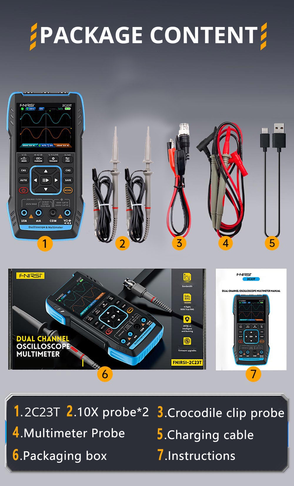 FNIRSI 2C23T 3 in 1 Digital Oscilloscope Multimeter Signal Generator + P6100 Probe, 2 Channels, 10MHz Bandwidth, 50MSa/s Sampling Rate, 9999 Counts