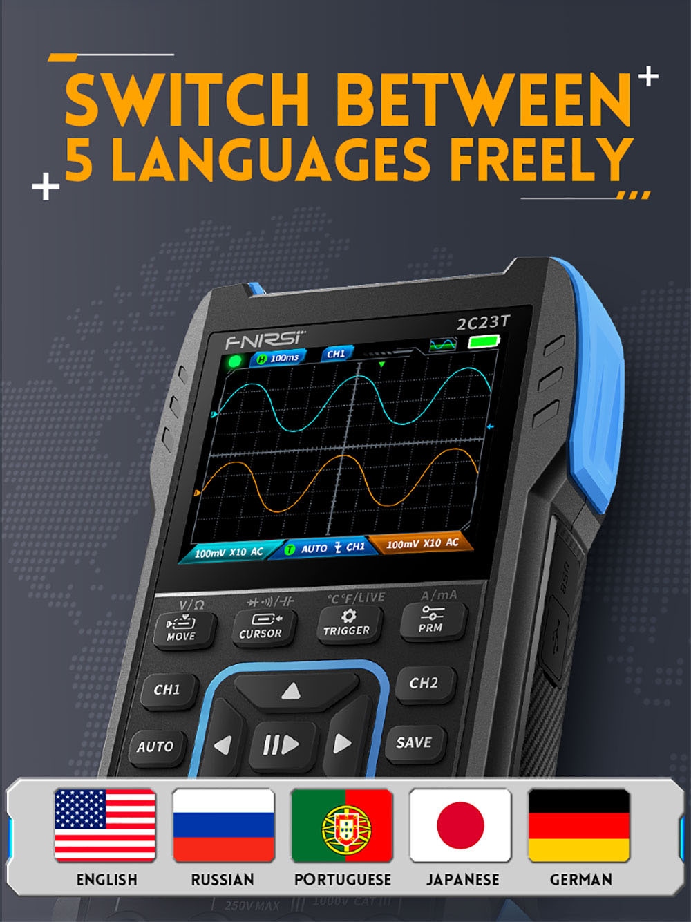 FNIRSI 2C23T 3 in 1 Digital Oscilloscope Multimeter Signal Generator + P6100 Probe, 2 Channels, 10MHz Bandwidth, 50MSa/s Sampling Rate, 9999 Counts