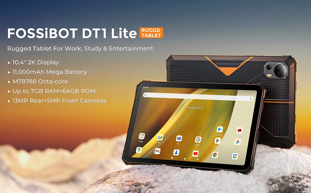 FOSSiBOT DT1 Lite 10.4-inch Rugged Tablet, MT8788 Octa-core 2.0GHz, Android 13, 2K FHD Display, IPS Incell Touchscreen, 4GB RAM 64GB ROM, 13MP+5MP Camera, 2.4G/5G WiFi Bluetooth 5.0, 18W Fast Charging, IP68 & IP69K Waterproof, Face ID Unlock - Black