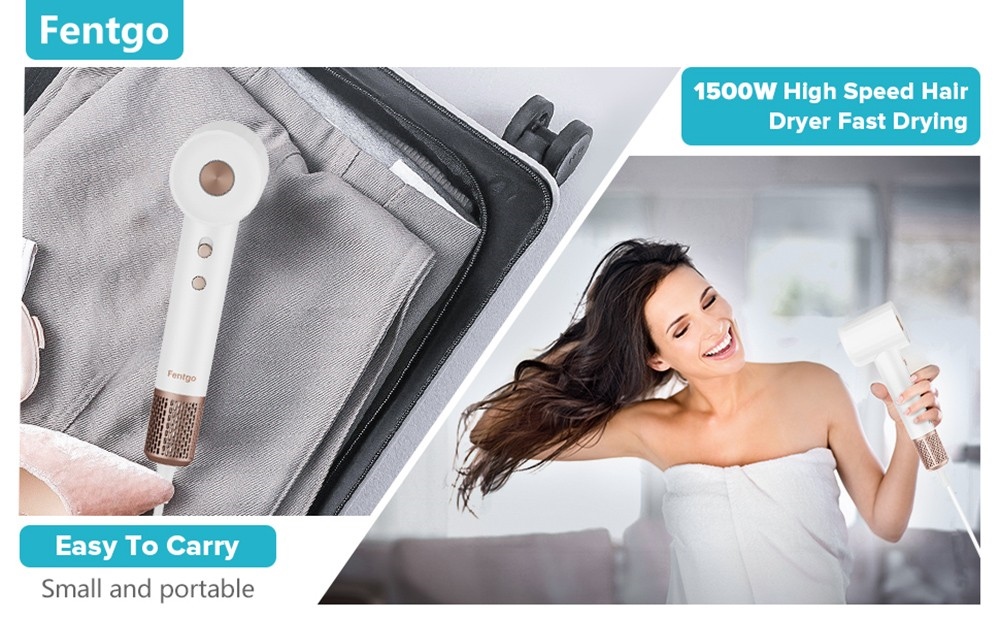 Fentgo TD-2206 1500W High Speed Hair Dryer, 200 Million Negative Ions, 110,000 RPM Brushless Motor, 2 Speeds, 4 Temperature Control, Magnetic Nozzles - White