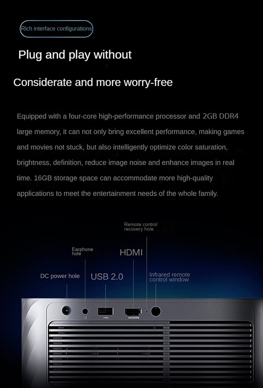 Lenovo Xiaoxin 100 Projector, 1080P 700ANSI Lumens 2GB+16GB WiFi 6 Bluetooth 5.0 Auto Focus Keystone Correction - Black