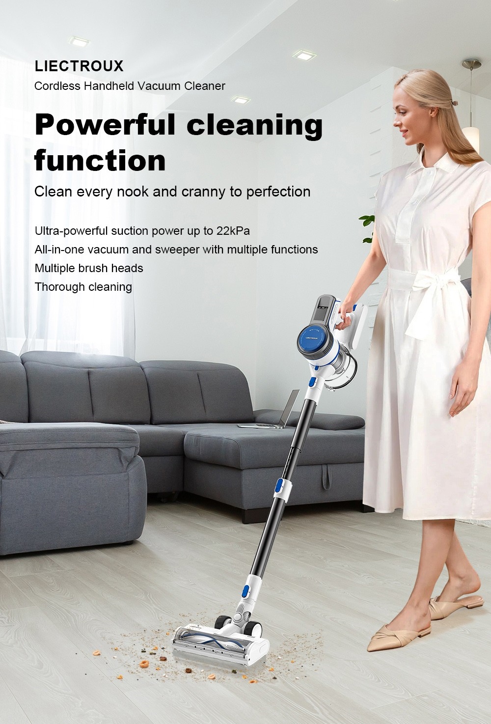 Liectroux i7 Cordless Vacuum Cleaner, 22KPa Suction, 800ml Dustbin, Removable 2200mAh Battery, Up to 30min Runtime, Low Noise