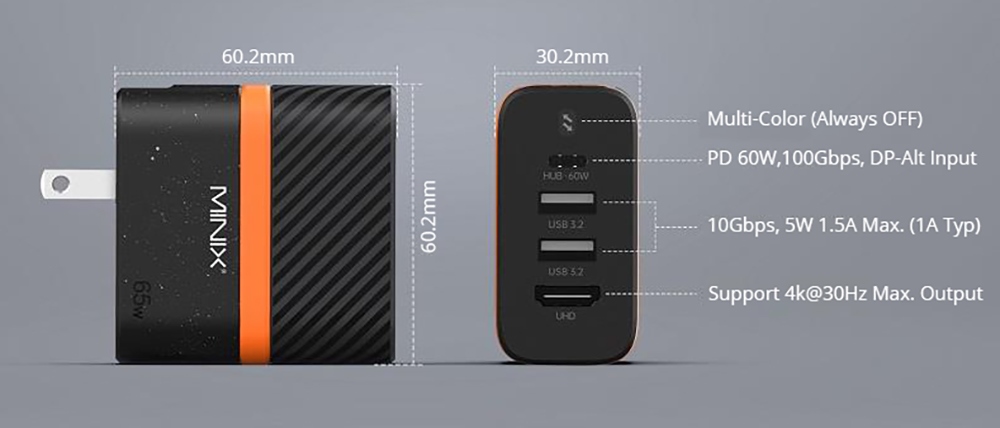 MINIX P4K Wall Charger Hub Power Supply Adapter, 2*USB 3.2, 4K@30Hz UHD Port, PD60W Fast Charging Type-C Port