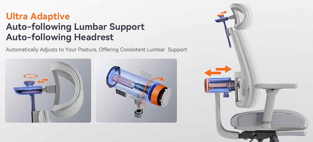 NEWTRAL MagicH-BPro Ergonomic Chair with Footrest, Auto-Following Backrest Headrest, Adaptive Lower Back Support, Adjustable Armrest, 4 Positions to Lock - Grey