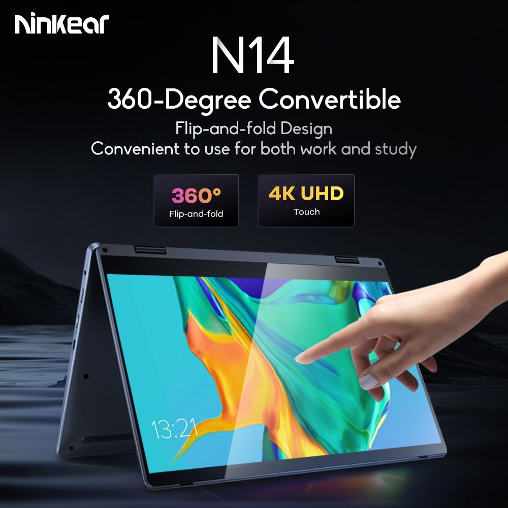 Ninkear N14 14 inch Laptop, 360° Flip and Fold, 3840x2160 4K UHD IPS Touchscreen, Intel N95 4 Cores Processor Up to 3.4Ghz, 12GB DDR5 RAM 512GB SSD, 2.4/5G Dual-band Wifi, Bluetooth 4.2, Fingerprint Recognition, Backlit Keyboard