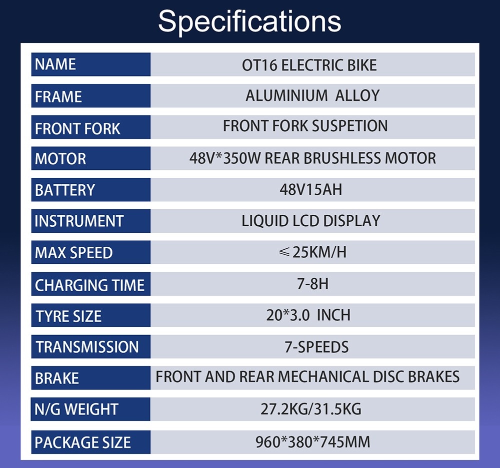 ONESPORT OT16 20*3.0 inch Tires Electric Bike, 350W Motor 48V15Ah Battery 25km/h Max Speed Disc Brakes