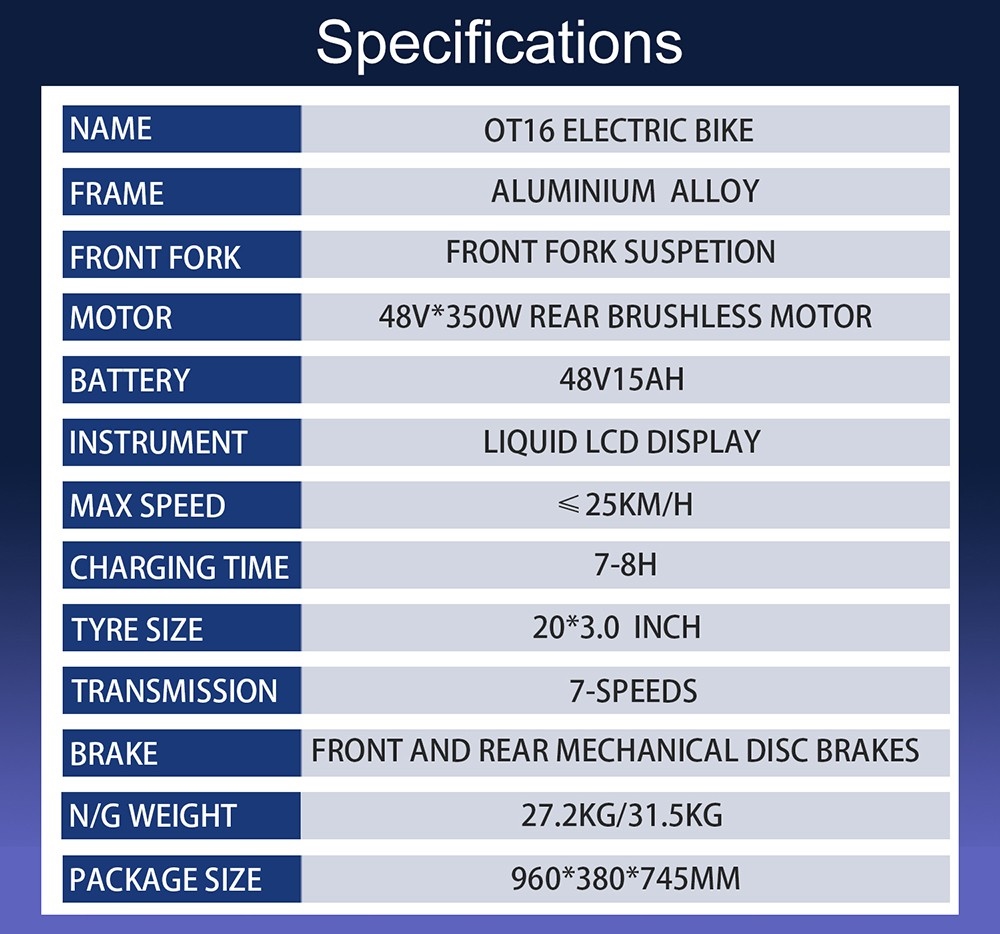 ONESPORT OT16 20*3.0 inch Tires Electric Bike, 350W Motor 48V15Ah Battery 25km/h Max Speed Disc Brakes