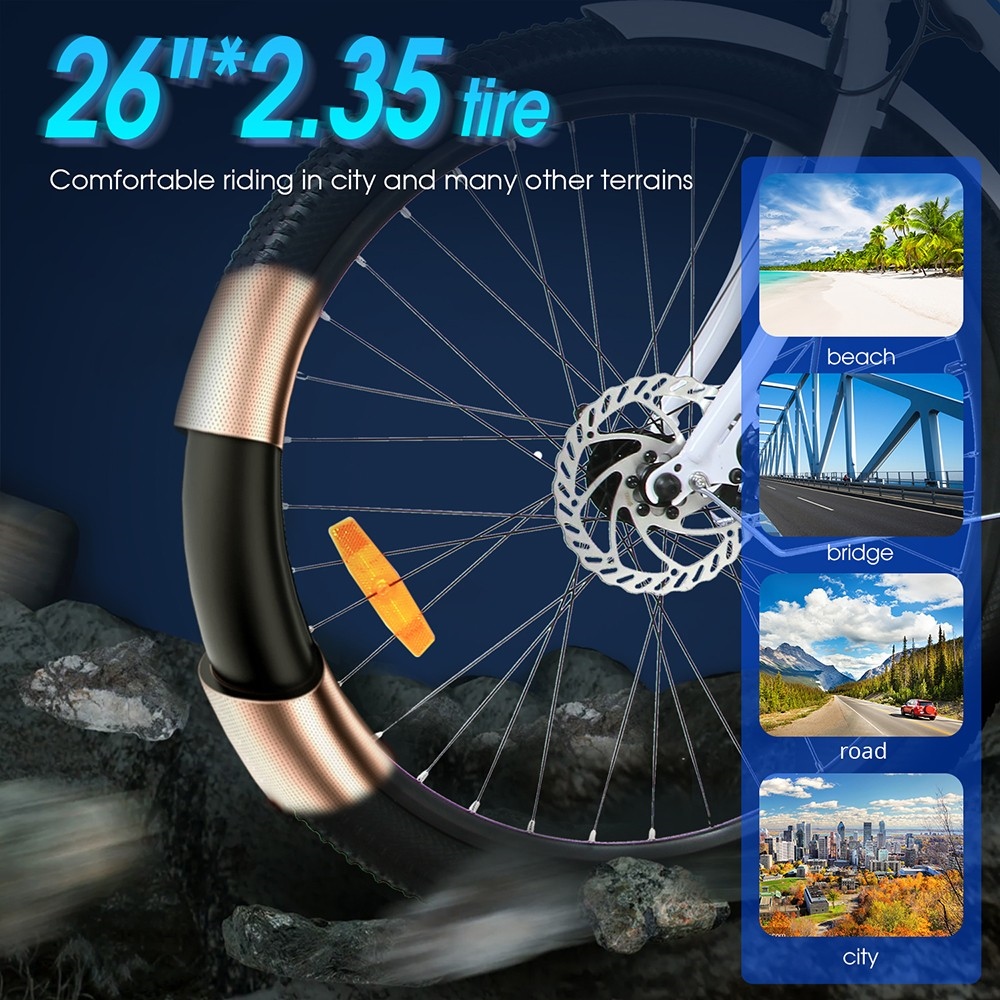 ONESPORT OT18 Electric Bike, 26*2.35 inch Tires 350W Motor 36V14.4Ah Battery 25km/h Max Speed - White