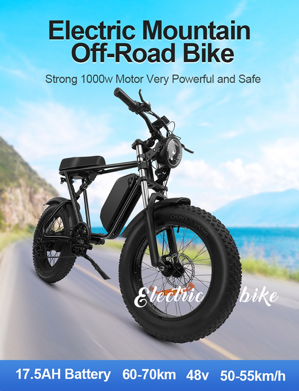 Q8 Off-road Electric Bike, 20*4 inch Fat Tire 1000W Motor 48V 17.5Ah Battery 55km/h Max Speed 70Km Max Range