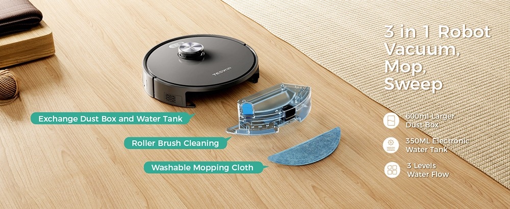 Tesvor S5 Max Robot Vacuum Cleaner, 3 in 1 Vacuum Mopping Sweeping, 6000Pa Suction, LiDAR Navigation, 600ml Dust Box, 5200mAh Battery, Max 260 Mins Runtime, App/Voice Control