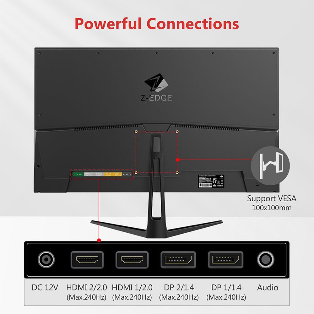 Z-Edge UG27P 27-inch Gaming Monitor, 1920x1080 FHD IPS Panel, 240Hz 1ms MPRT Response Time, Support FreeSync, HDMI*2 DP*2, 178° View Angle, FPS & RTS Display Mode, VESA Mount - EU Plug
