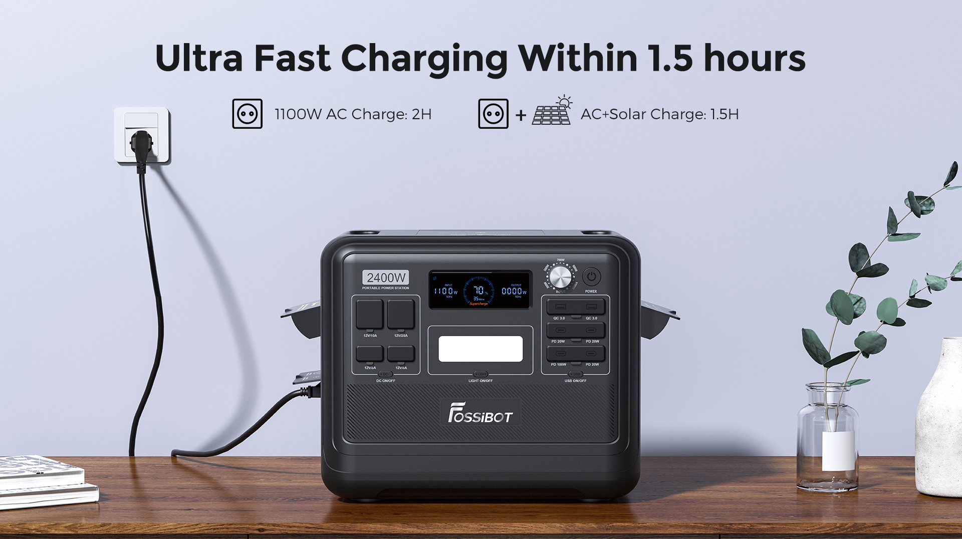 FOSSiBOT F2400 Portable Power Station, 2048Wh/640000mAh LiFePO4 Battery, 2400W(4600W Peak) Solar Generator, 3xAC RV Car USB Type-C QC3.0 PD DC5521 Pure Sine Wave Full Outlets, 1.5 Hours Fast Charging, MPPT Charge Controller BMS - Black