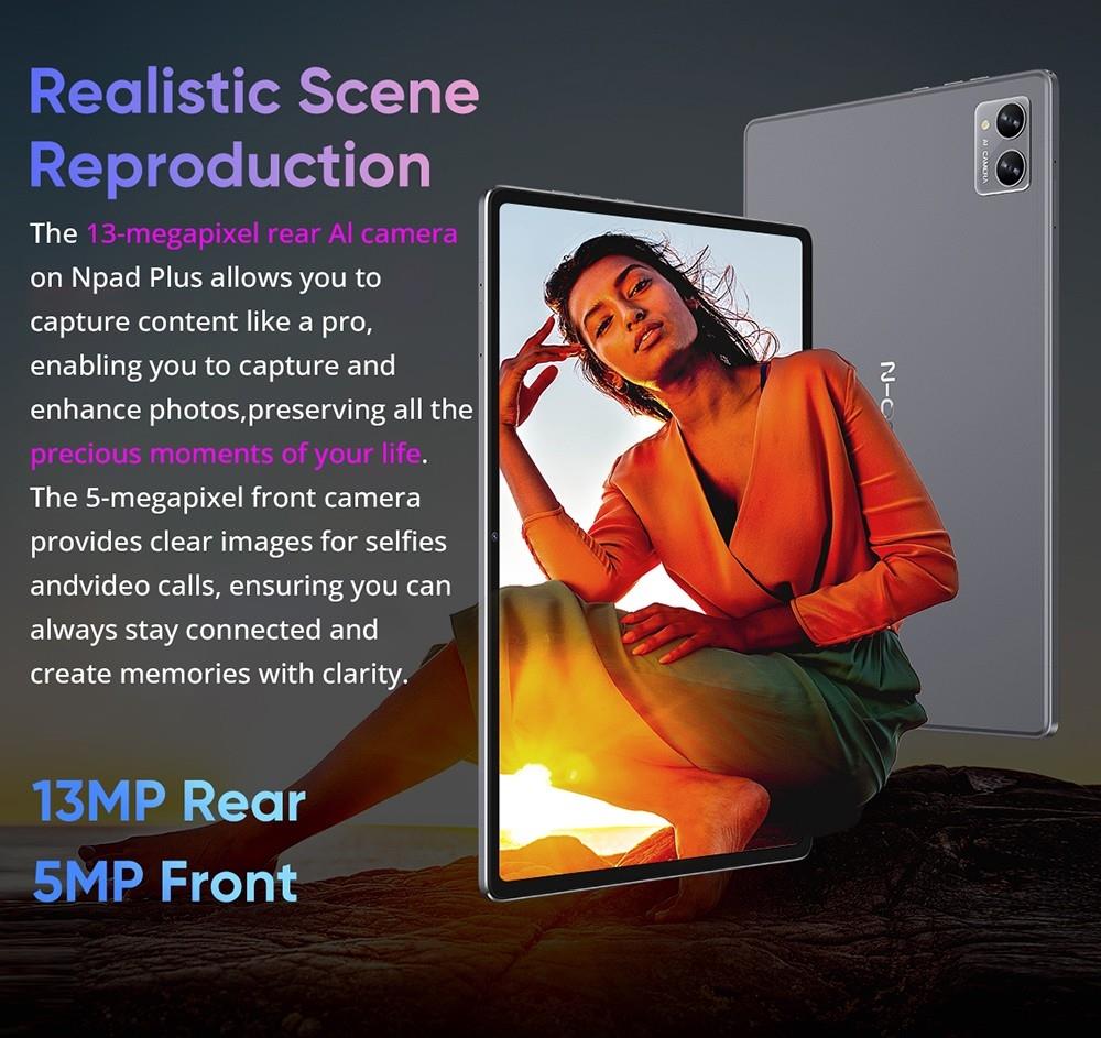 N-one NPad Plus Android 13 Tablet PC, MTK8183 Octa Core 2.0GHz, 8GB+128GB, 10.36'' Full Display 2000x1200 2K Incell FHD IPS Screen 300Nits Brightness, 500g Light, Dual WiFi Camera BT5.0, Type-C Micro SD, GPS BDS GLONASS Galileo A-GPS with Case & Film