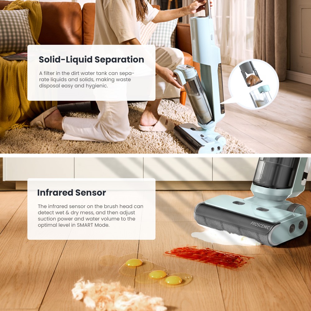 Proscenic WashVac F20 Cordless Wet Dry Vacuum Cleaner, Self-Cleaning, 15KPa Suction, 1L Water Tank, 4000mAh Detachable Battery, 45Mins Runtime, LED Display, App/Voice Control - Blue