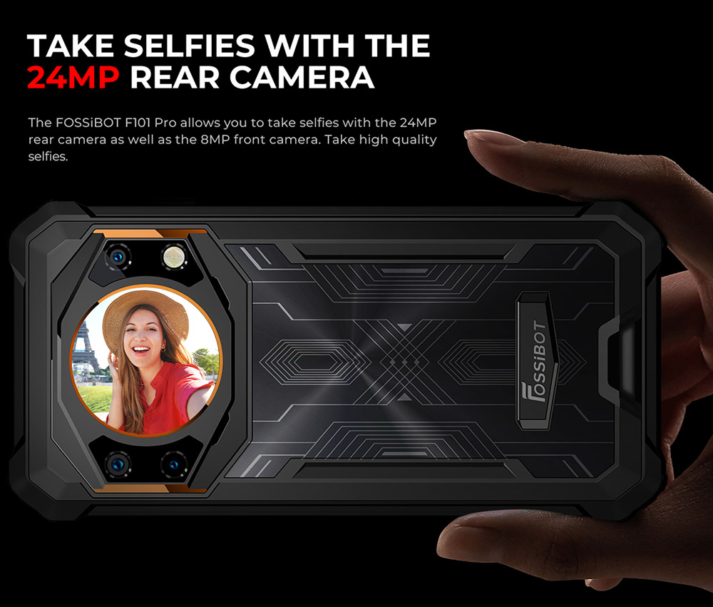 FOSSiBOT F101 PRO Robustes Smartphone, entsperrt 2023, 8 GB + 128 GB, AI-Dreifachkamera, funktionales Display auf der Rückseite, 10600 mAh großer Akku, Entsperrung per Fingerabdruck/Gesicht, NFC, HAC, Android 13.0 – Schwarz