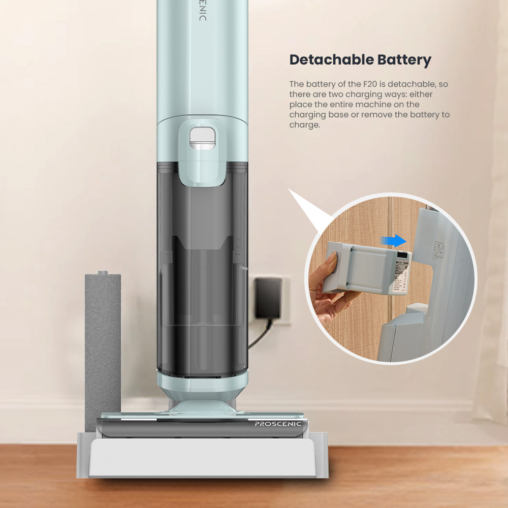 Proscenic WashVac F20 Cordless Wet Dry Vacuum Cleaner, Self-Cleaning, 15KPa Suction, 1L Water Tank, 4000mAh Detachable Battery, 45Mins Runtime, LED Display, App/Voice Control - Blue