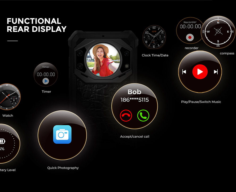 FOSSiBOT F101 PRO Robustes Smartphone, entsperrt 2023, 8 GB + 128 GB, AI-Dreifachkamera, funktionales Display auf der Rückseite, 10600 mAh großer Akku, Entsperrung per Fingerabdruck/Gesicht, NFC, HAC, Android 13.0 – Schwarz
