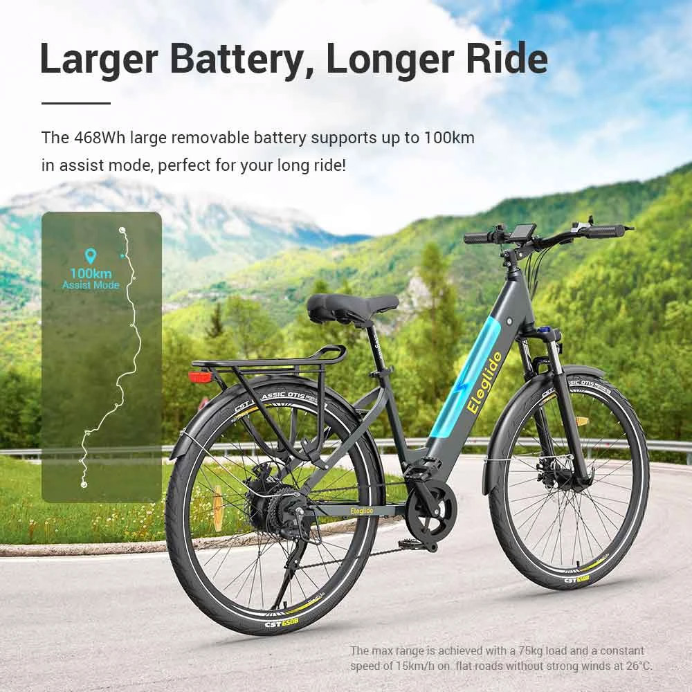 Eleglide T1 STEP-THRU Electric Trekking Bike Trekking Bike 27.5 Inch CST Tires 36V 13AH Battery 250W Brushless Motor Shimano 7 Gears Max Speed 25Km/h Max Range 100KM Max Load 120KG IPX4 Waterproof Dual Disk Brake - Gray