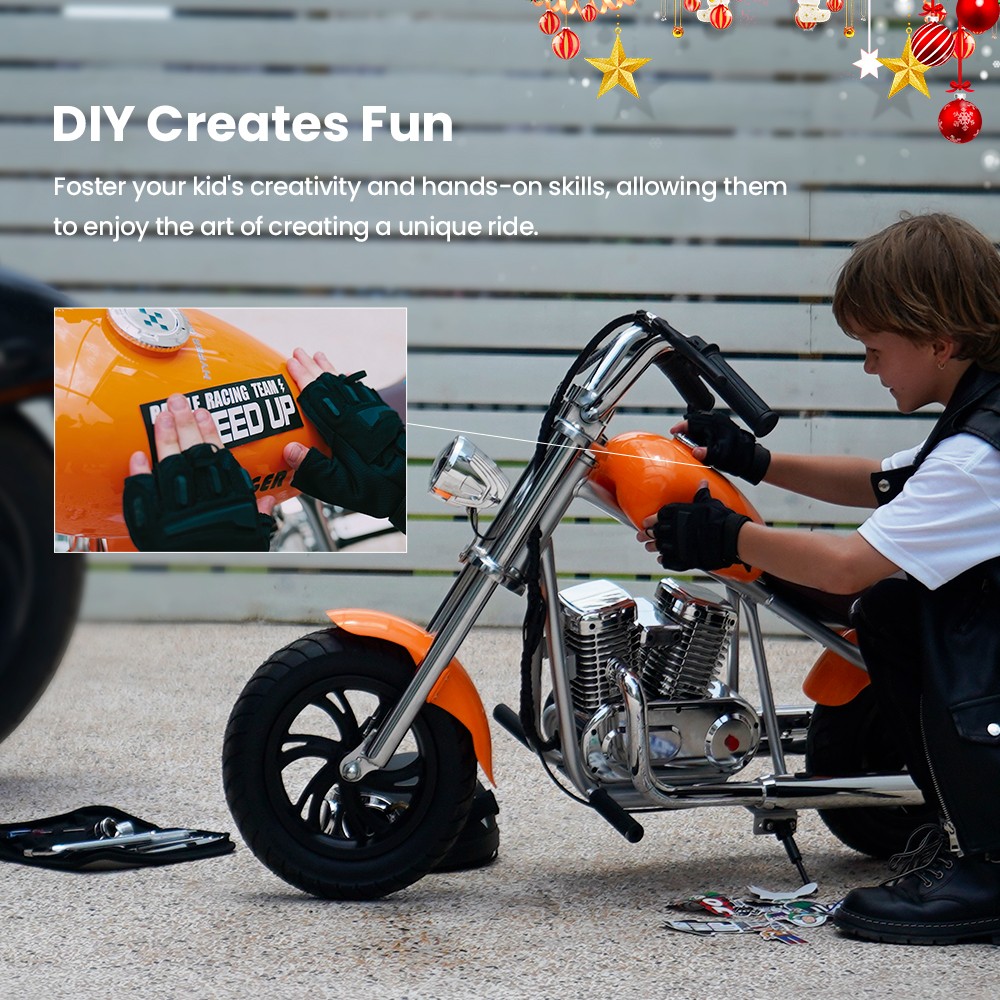 HYPER GOGO Challenger 12 Plus with App Electric Motorcycle for Kids 12'' Pneumatic Tires Bluetooth Speaker Fog - Orange