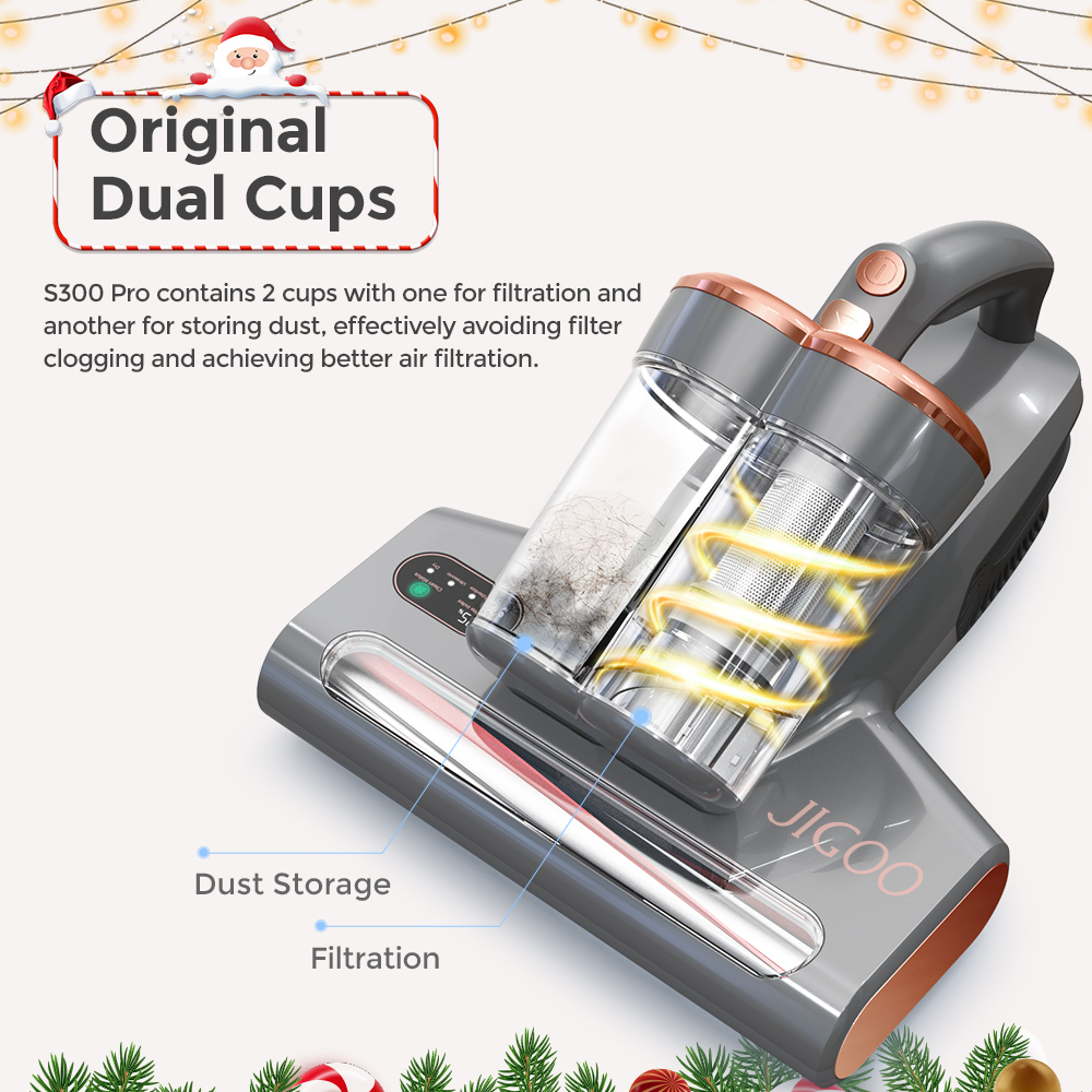 JIGOO S300 Pro Dual-Cup Smart Mite Cleaner with Dust Mite Sensor 500W 13KPa Suction Innovative Metal Brushroll UV Light & Ultrasonic Tech Multi-Directional Heating 99.9% Mite Removal - Grey