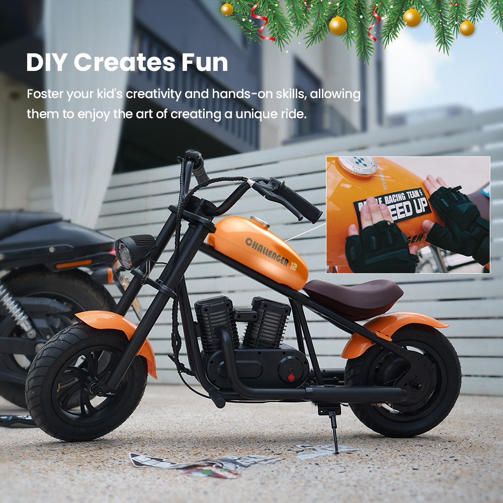 HYPER GOGO Challenger 12 Plus Electric Motorcycle for Kids 12'' Pneumatic Tires with Bluetooth Speaker Simulated Fog - Black