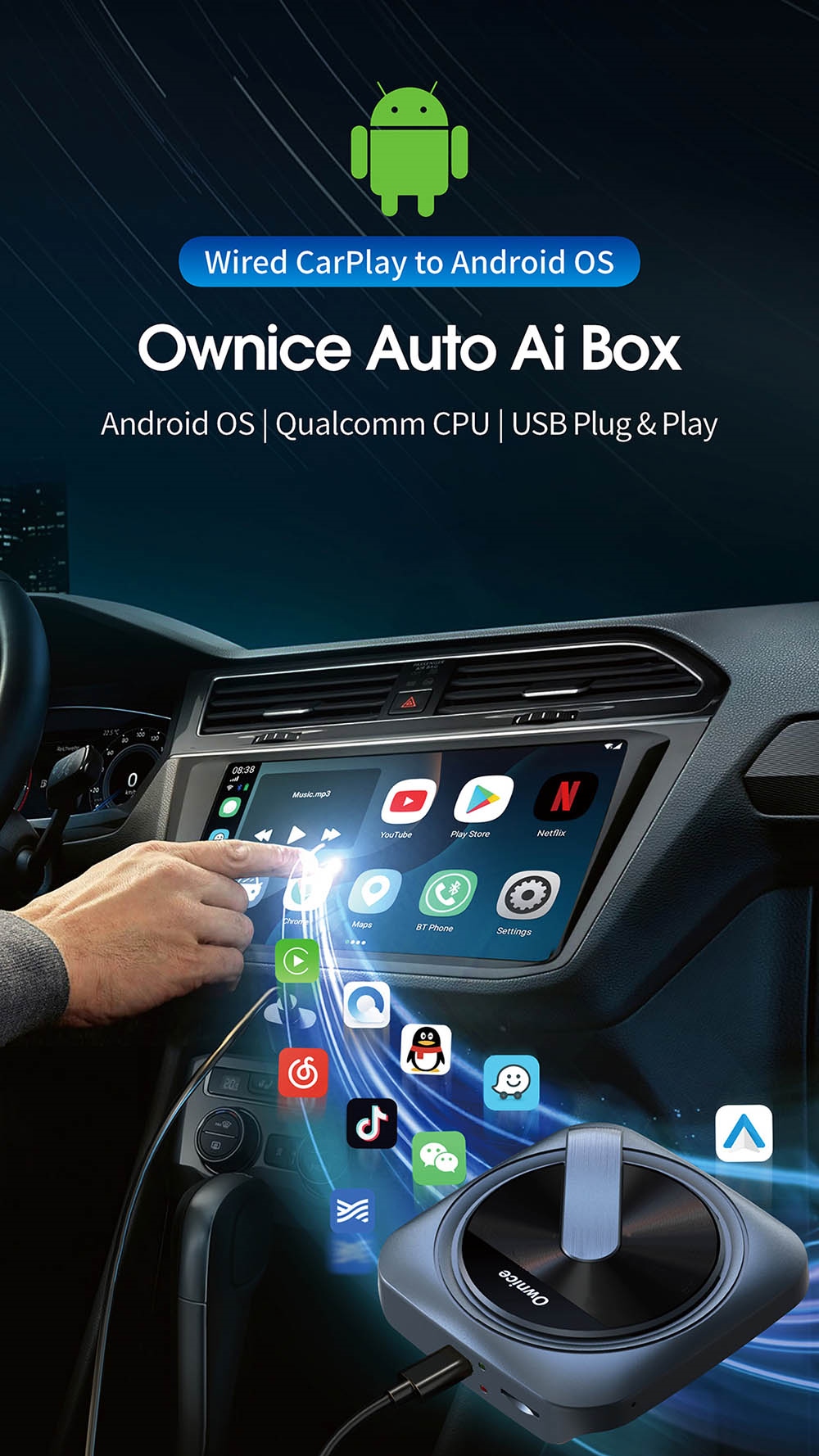 Ownice A0 Wired to Wireless Android Auto Ai Box for Original Car with Wired CarPlay