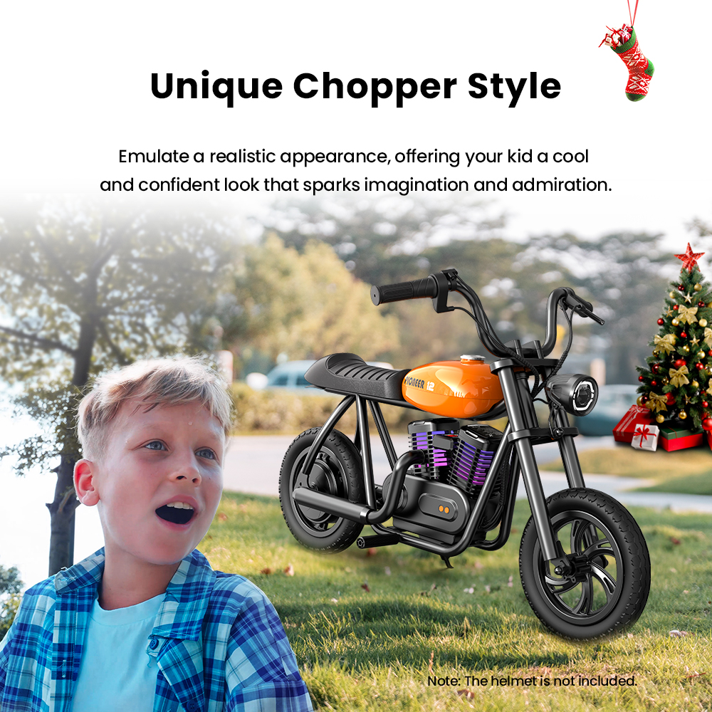 HYPER GOGO Pioneer 12 Plus Electric Chopper Motorcycle for Kids 24V 5.2Ah 160W with 12'x3' Tires, 12KM Top Range - Orange