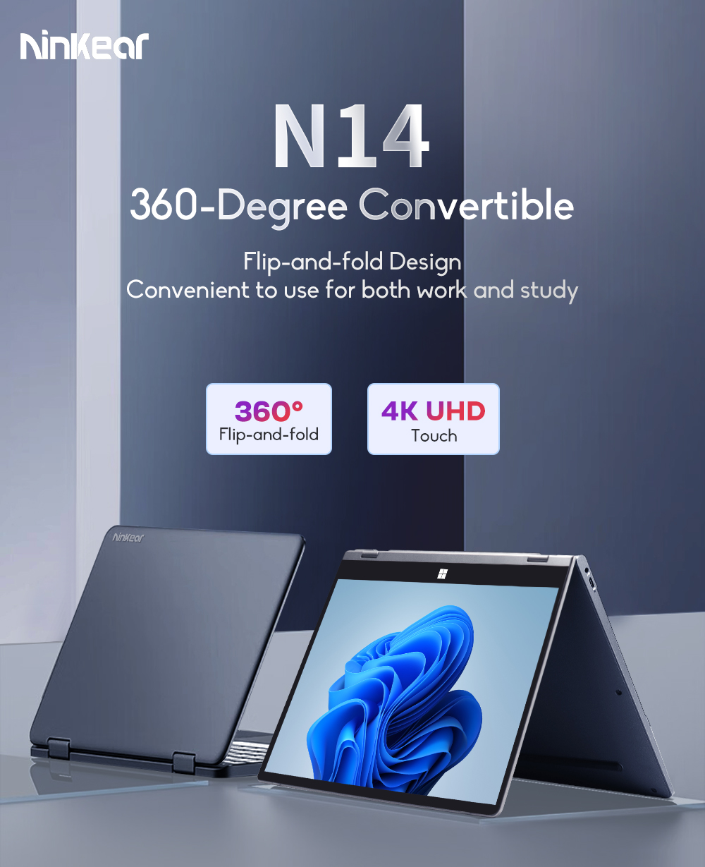 Ninkear N14 14 inch 4K Screen Intel N95 CPU, 12GB LPDDR5 RAM 1TB SSD, Windows 11 Home, 360° Flipping & Folding, Fingerprint Recognition