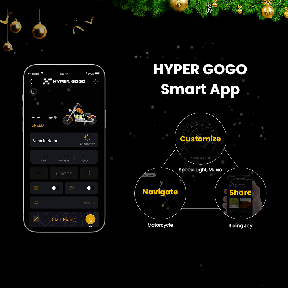 HYPER GOGO Challenger 12 Plus with App Electric Motorcycle for Kids 12'' Pneumatic Tires Bluetooth Speaker Fog - Orange