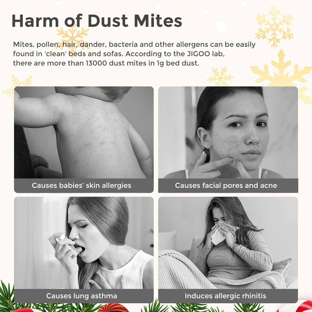 JIGOO S300 Pro Dual-Cup Smart Mite Cleaner with Dust Mite Sensor 500W 13KPa Suction Innovative Metal Brushroll UV Light & Ultrasonic Tech Multi-Directional Heating 99.9% Mite Removal - Grey