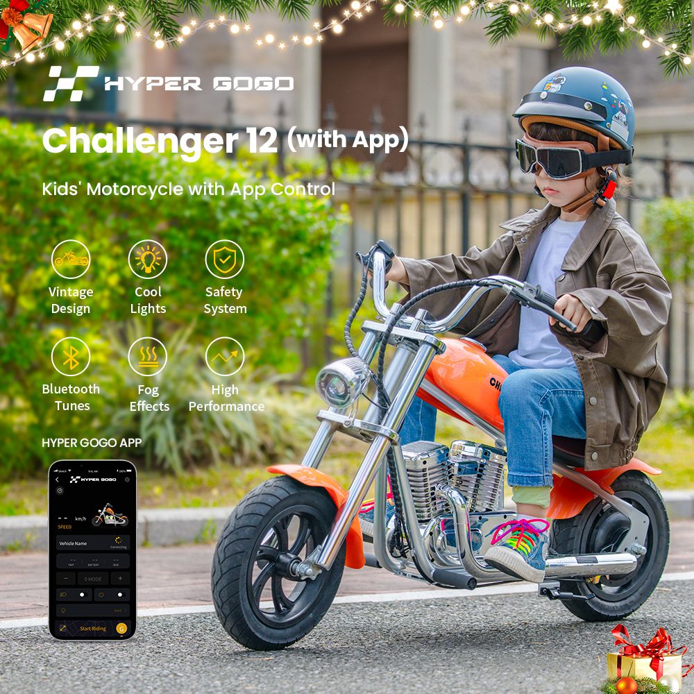 HYPER GOGO Challenger 12 Plus with App Electric Motorcycle for Kids 12'' Pneumatic Tires Bluetooth Speaker Fog - Orange