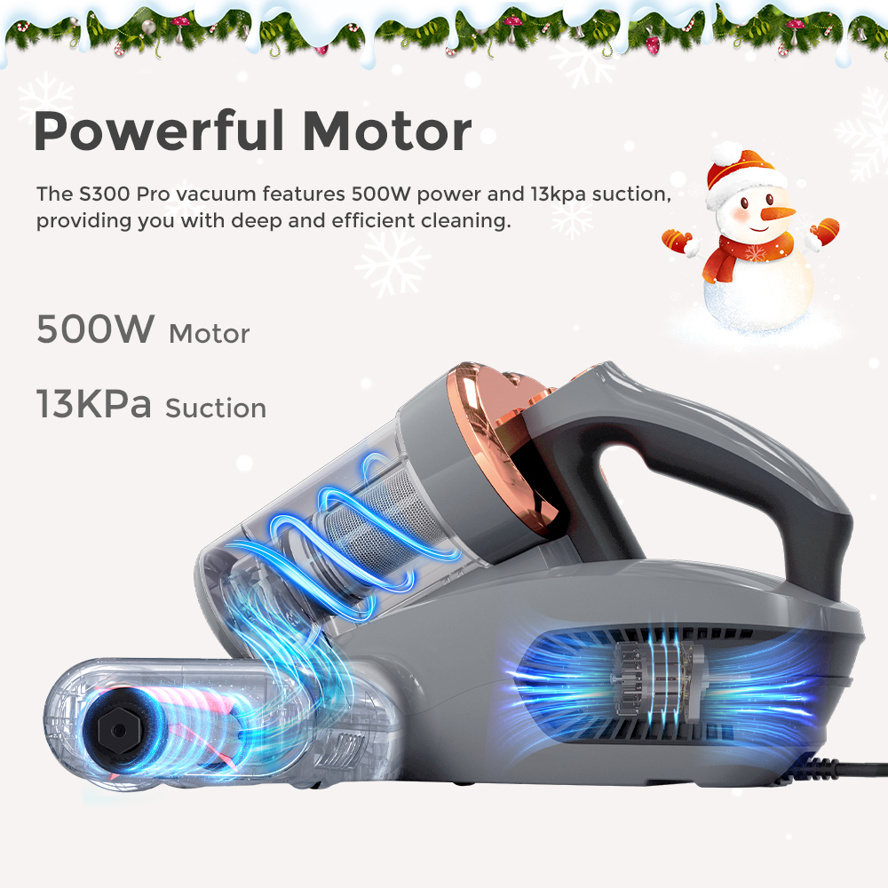 JIGOO S300 Pro Dual-Cup Smart Mite Cleaner with Dust Mite Sensor 500W 13KPa Suction Innovative Metal Brushroll UV Light & Ultrasonic Tech Multi-Directional Heating 99.9% Mite Removal - Grey