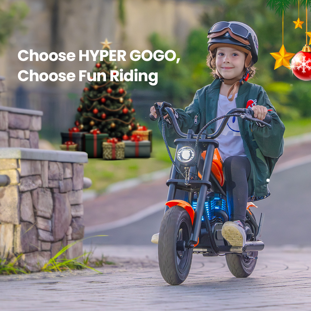 HYPER GOGO Challenger 12 Plus Electric Motorcycle for Kids 12'' Pneumatic Tires with Bluetooth Speaker Simulated Fog - Black