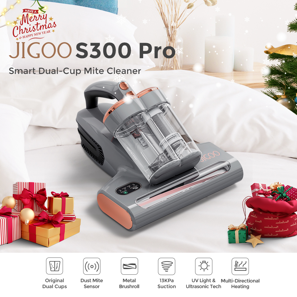 JIGOO S300 Pro Dual-Cup Smart Mite Cleaner with Dust Mite Sensor 500W 13KPa Suction Innovative Metal Brushroll UV Light & Ultrasonic Tech Multi-Directional Heating 99.9% Mite Removal - Grey