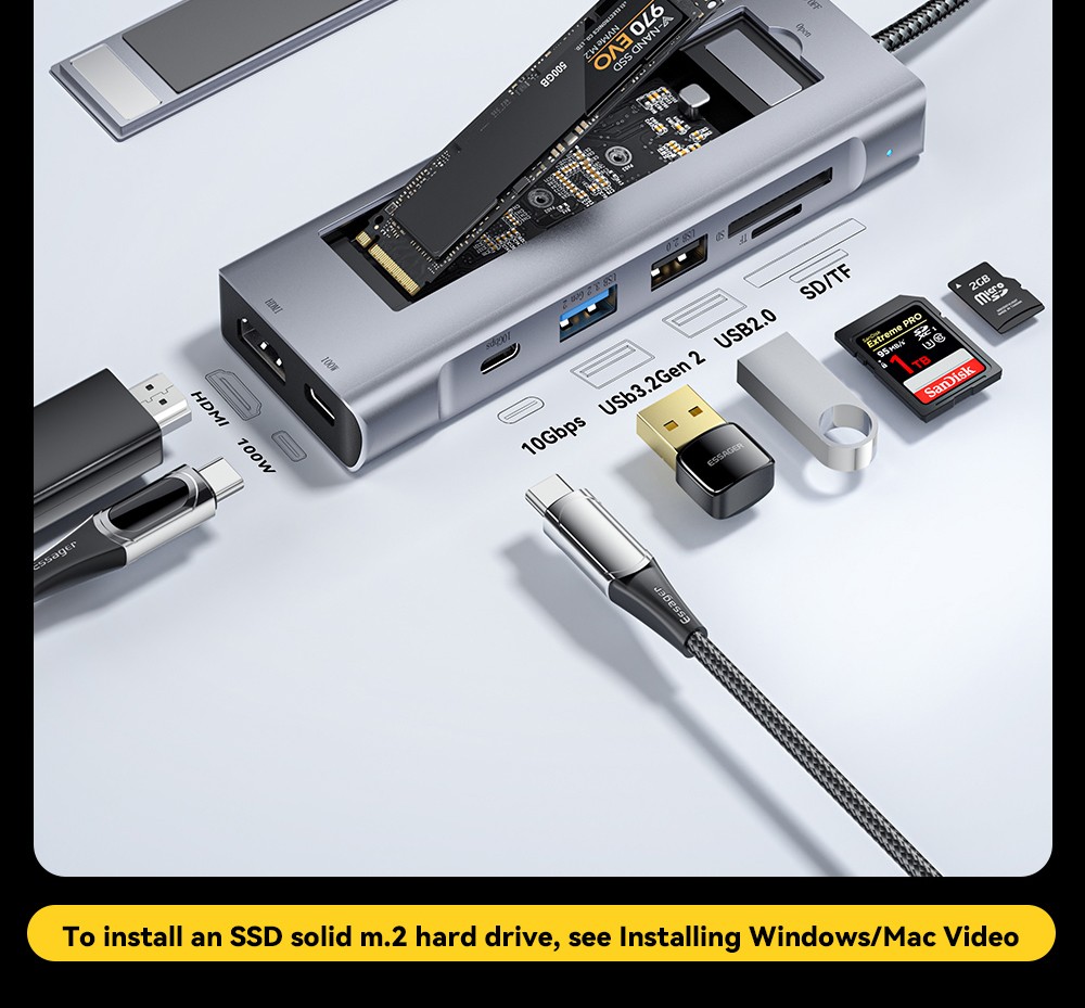 Essager 8-in-1 USB Hub With SSD Storage, USB Type-C to HDMI, Compatible Laptop Dock Station for MacBook Pro, MacBook Air, Support Windows, Linux, iPad OS