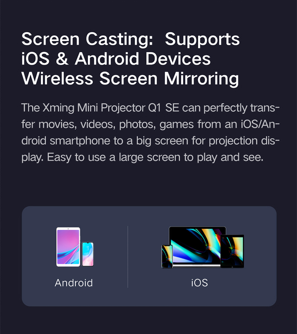 Xming Q1 SE 1080P LED Projector by Xiaomi Ecosystem, 250 ANSI Lumens, WiFi Screen Sync, 120-Inch Rear Projection, HDR