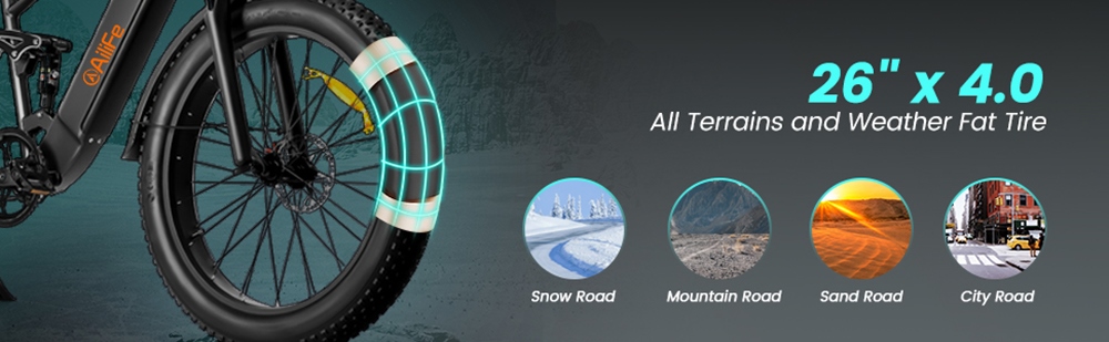 AILIFE X26B Electric Bike, 26*4.0 inch Tires 48V13Ah Battery 1000W Motor 30mph Max Speed 62miles Max Range Disc Brake