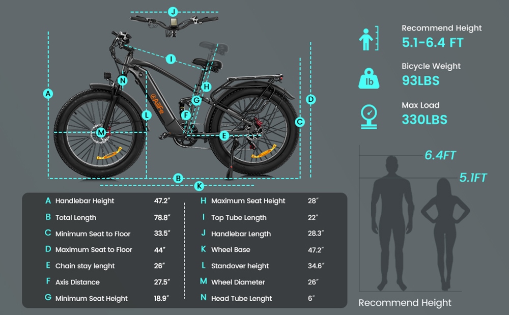 AILIFE X26B Electric Bike, 26*4.0 inch Tires 48V13Ah Battery 1000W Motor 30mph Max Speed 62miles Max Range Disc Brake