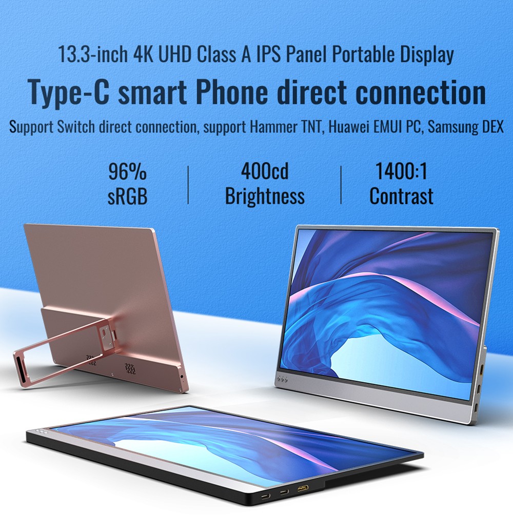 AOSIMAN 133UCJ Portable Monitor, 13.3inch 4K 3840x2160 UHD IPS Panel, 96%sRGB 400cd/m² 1400:1 Contrast 16:9 60Hz HDR, 1*Mini HDMI 2*USB Type-C, Compatible with Phone, Laptop, PC, PS3/4/5, Switch, X-box, TV Box