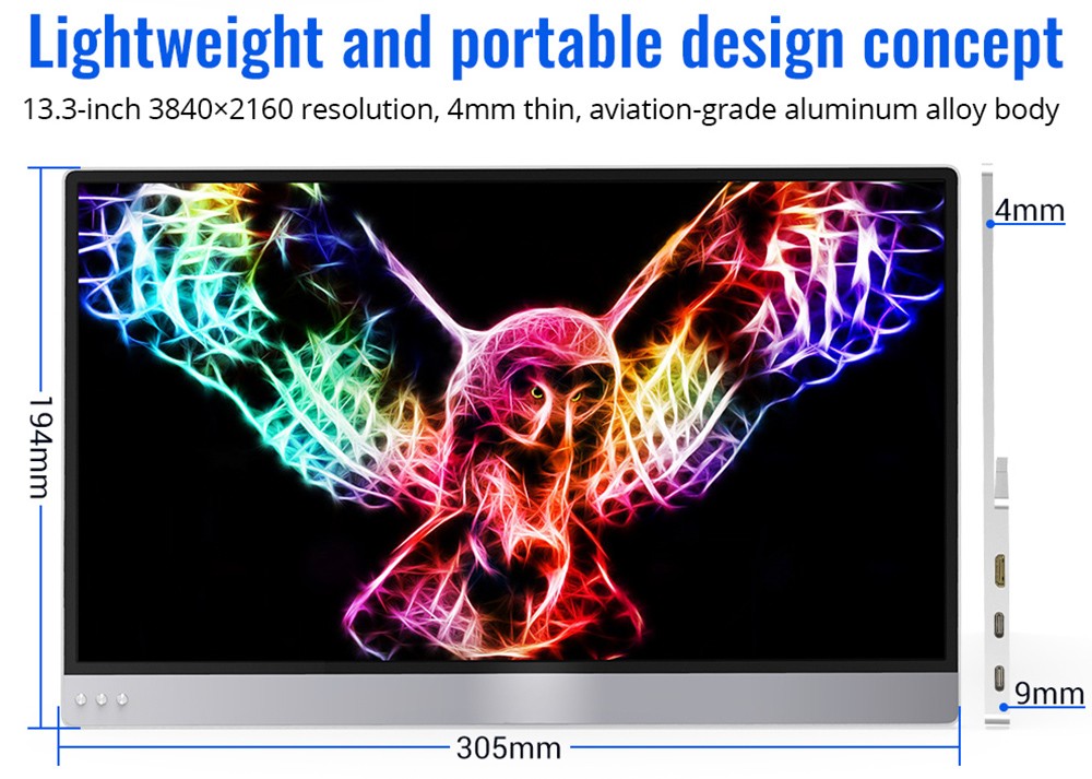AOSIMAN 133UCJ Portable Monitor, 13.3inch 4K 3840x2160 UHD IPS Panel, 96%sRGB 400cd/m² 1400:1 Contrast 16:9 60Hz HDR, 1*Mini HDMI 2*USB Type-C, Compatible with Phone, Laptop, PC, PS3/4/5, Switch, X-box, TV Box