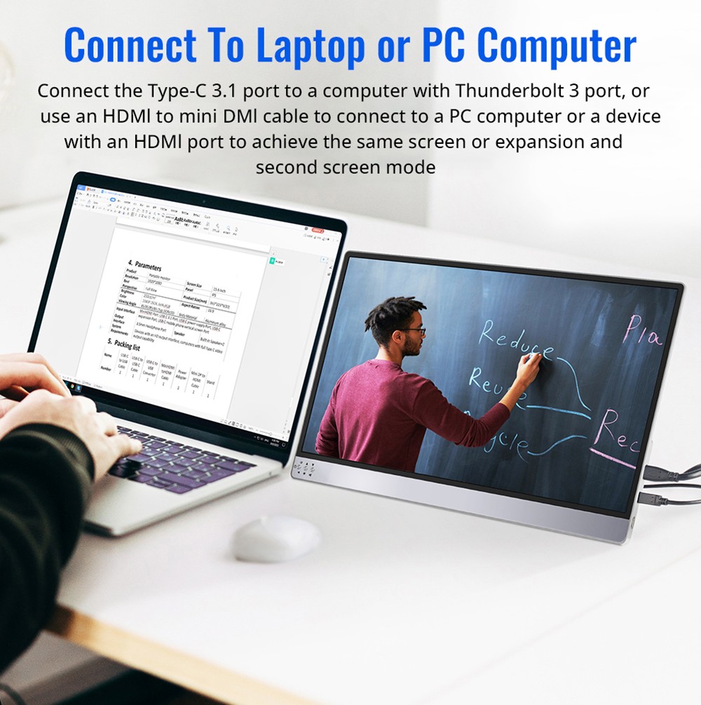 AOSIMAN 133UCJ Portable Monitor, 13.3inch 4K 3840x2160 UHD IPS Panel, 96%sRGB 400cd/m² 1400:1 Contrast 16:9 60Hz HDR, 1*Mini HDMI 2*USB Type-C, Compatible with Phone, Laptop, PC, PS3/4/5, Switch, X-box, TV Box