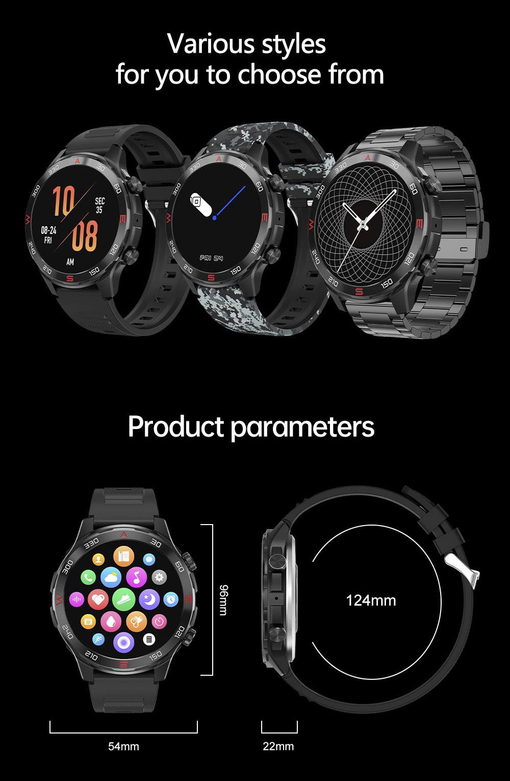 D03 Smartwatch Bluetooth Calling Sports Watch Health Monitor, IP68 Waterproof - Black