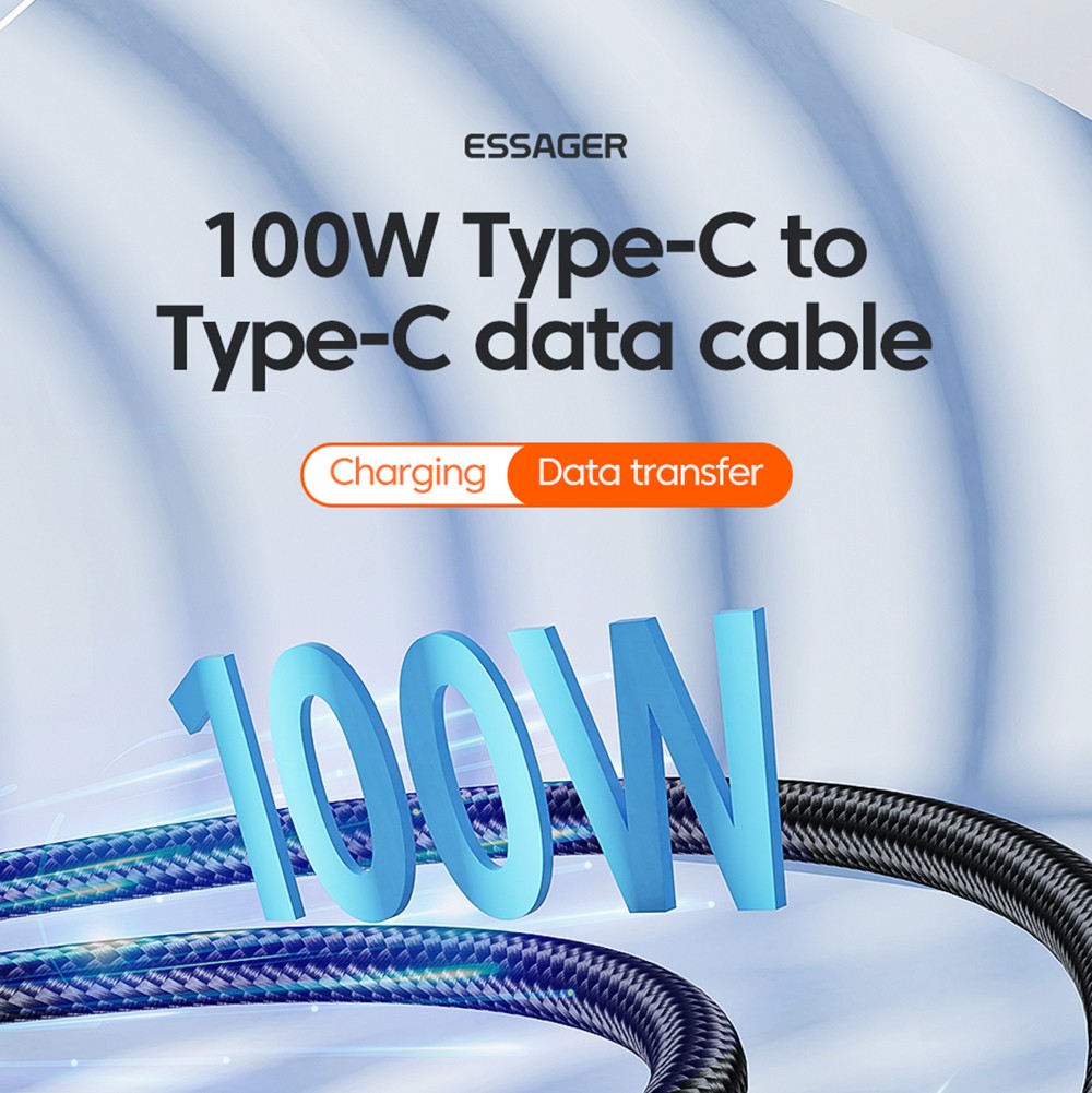 ESSAGER 100W Type-C to Type-C Data Cable, PD Fast Charging, 480Mbps Transmission Speed, for MacBook / Tablet / Huawei Samsung Mobile Phone - 2m Cable