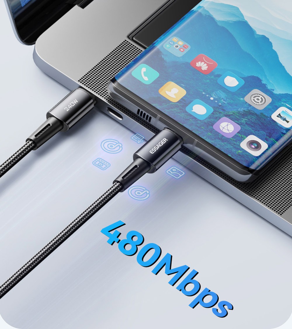 ESSAGER 240W 5A Fast Charging Data Cable, Type-C to Type-C, 480Mbps Transfer Rate, for Macbook iPad Huawei Samsung Xiaomi Redmi Mobile Phones, 1m Cable