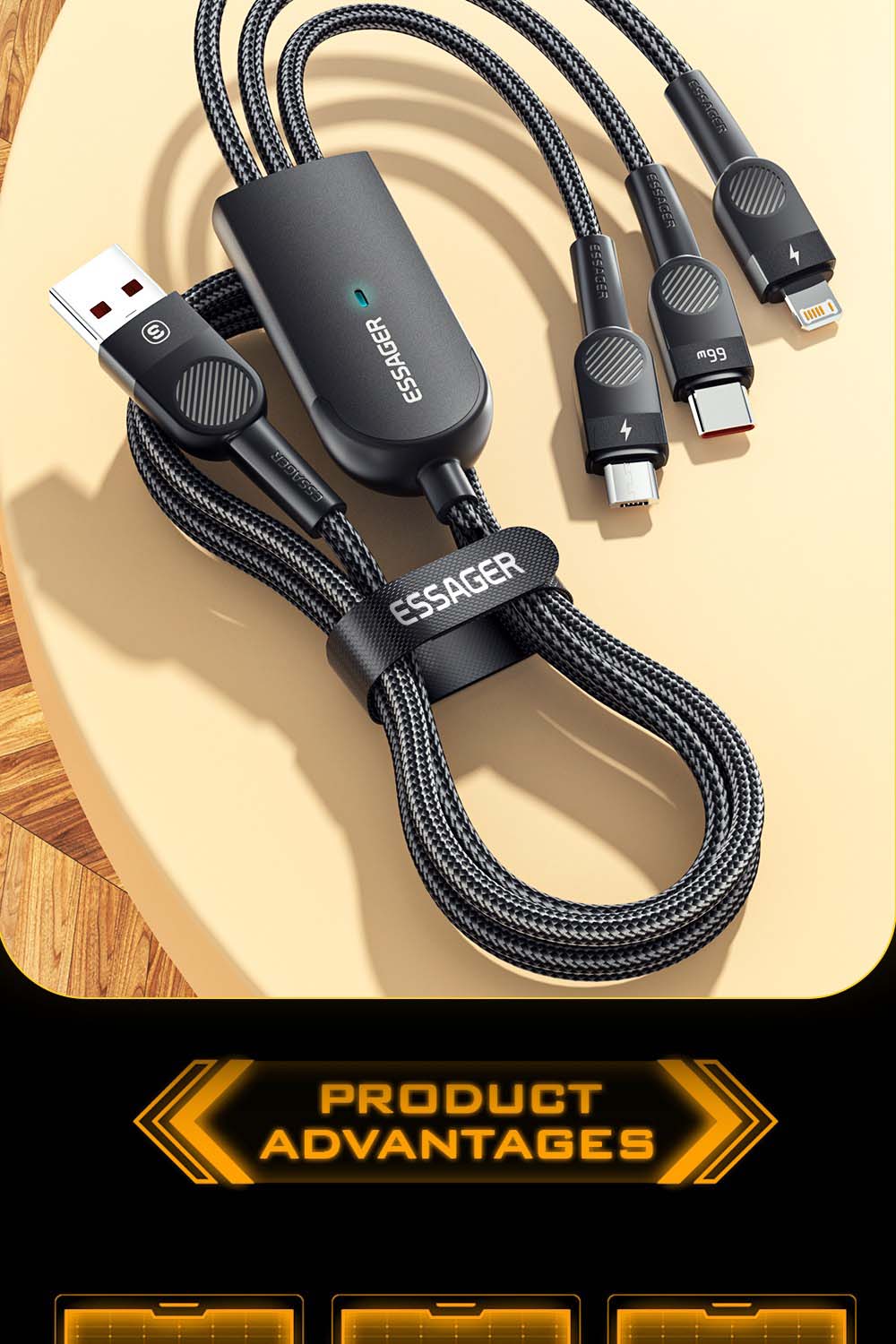 ESSAGER 3 in 1 Micro / Type-C / Lightning Data Cable, 6A 66W Fast Charging, for iPhone Samsung Xiaomi Huawei Mobile Phones - Black